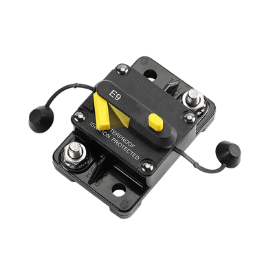 Angled view of marine circuit breaker showing stainless steel studs and mounting holes