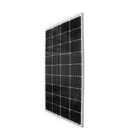 Angled perspective view of the front of a 130W monocrystalline solar panel