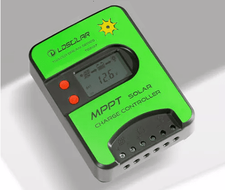 Angled view of green solar charge controller showing depth and terminal access
