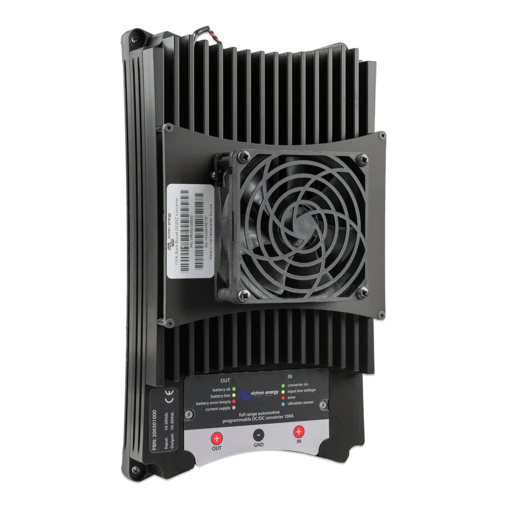 Side angled view of a black 100A converter showing robust metal construction and side cooling fins