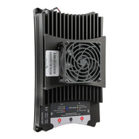 Side angled view of a black 100A converter showing robust metal construction and side cooling fins
