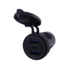 Angled view of USB socket face showing dual USB-A and single USB-C ports surrounded by a blue ring