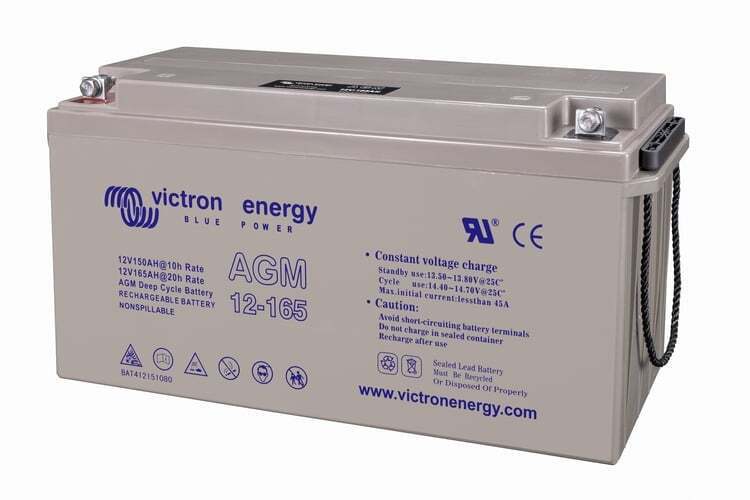Perspective view of Victron 165Ah AGM battery showing top terminal posts and integrated carry handles