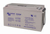Perspective view of Victron 165Ah AGM battery showing top terminal posts and integrated carry handles