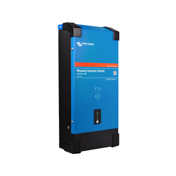Angled view of the Victron 12V 1600VA smart inverter in blue and black