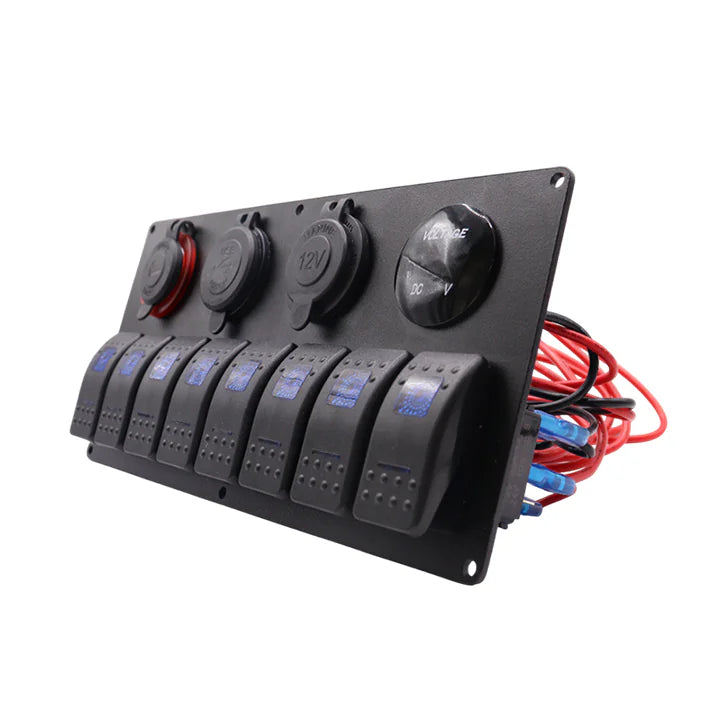 Angled view of black aluminium switch panel showing pre-wired harness and protective socket covers