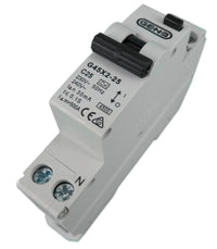 Angled view of Gen3 single module RCBO showing manual toggle switch and C25 rating markings