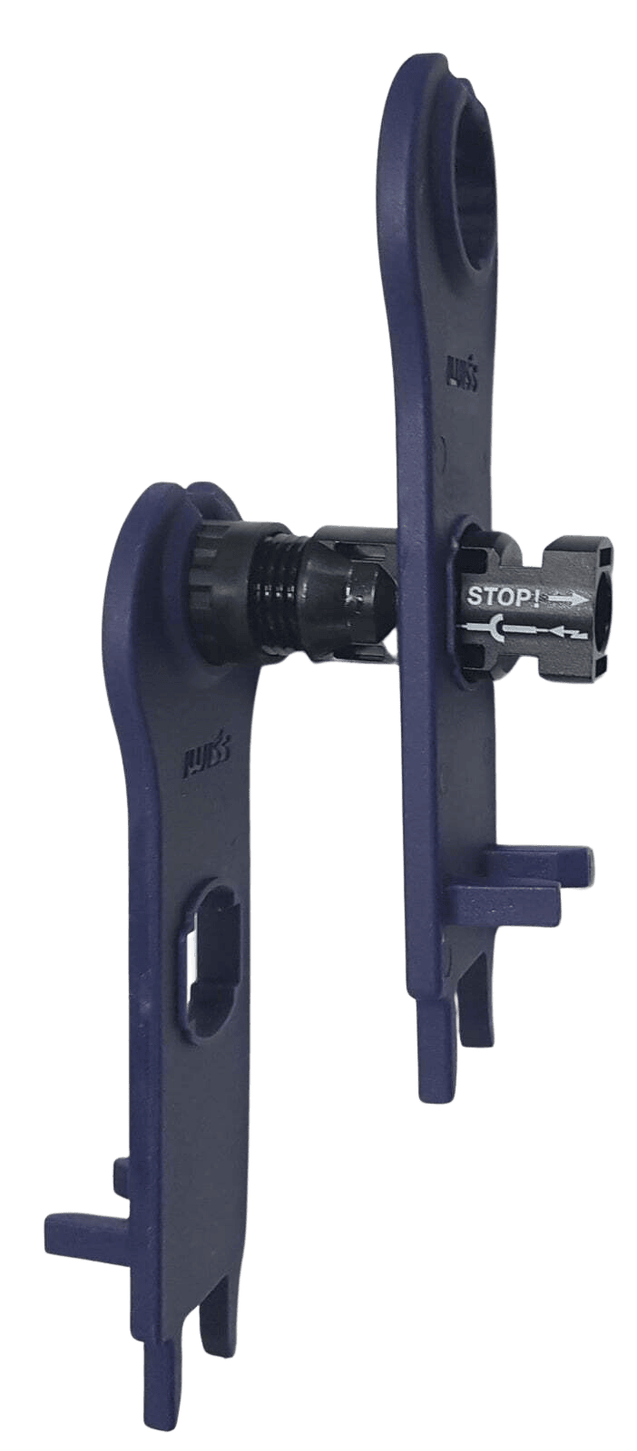 Angled view of the assembly tool engaged with a solar connector