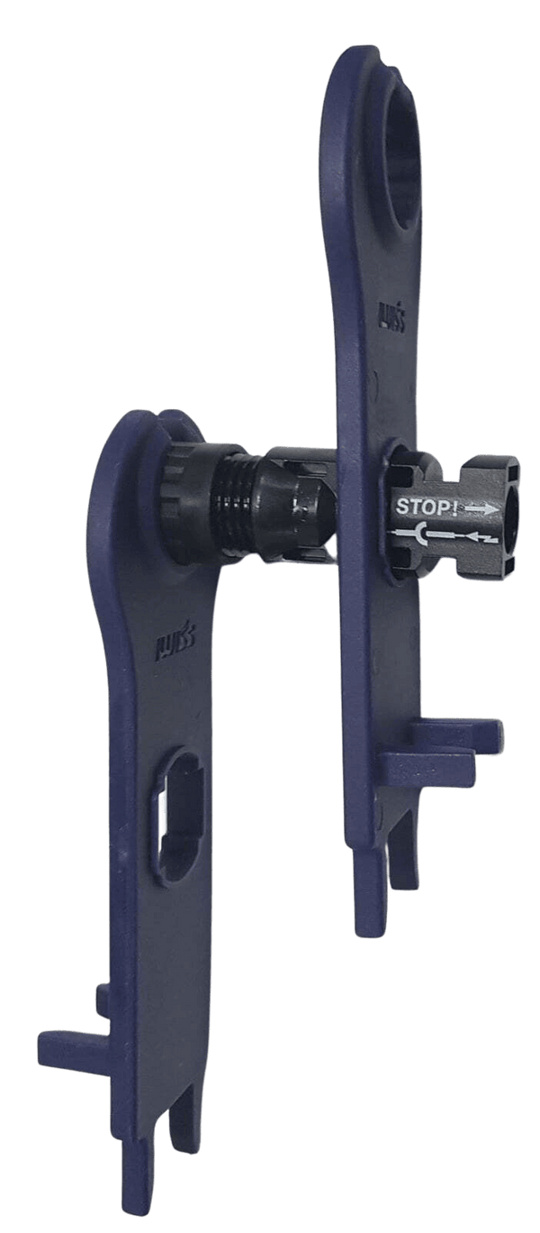 Angled view of the assembly tool engaged with a solar connector