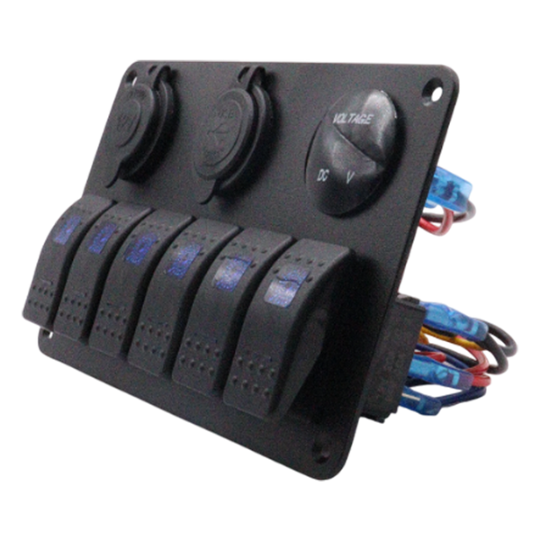 Side angle view of switch panel showing curved rocker switches and rear wiring connections