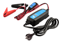 Angled view of Blue Smart battery charger with power cord and battery clamps