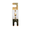 Top-down view of 100A ANL fuse with gold-plated terminals and ceramic housing