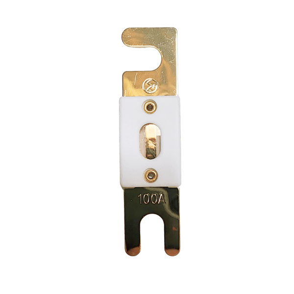 Top-down view of 100A ANL fuse with gold-plated terminals and ceramic housing