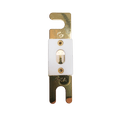 Top-down view of Exotronic 250A ANL fuse showing ceramic body and gold terminals