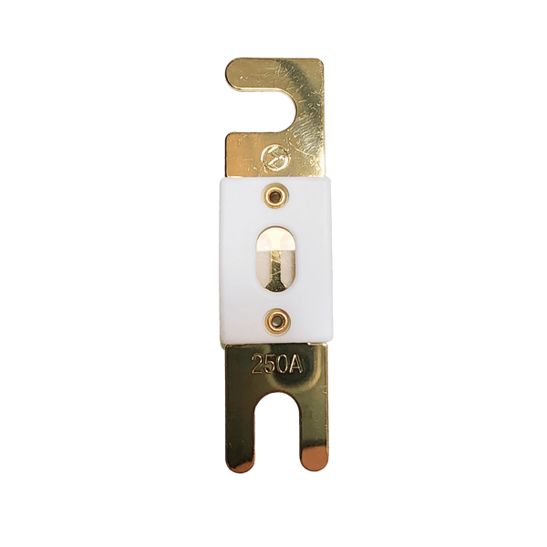 Top-down view of Exotronic 250A ANL fuse showing ceramic body and gold terminals