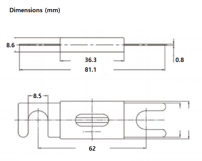 Technical drawing of ANL fuse showing 81.1mm length and 62mm centre-to-centre mounting spacing