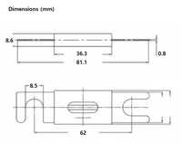 Technical drawing of ANL fuse showing 81.1mm length and 62mm centre-to-centre mounting spacing