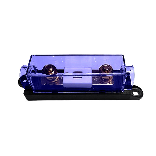 ANL fuse holder with installed white ANL fuse under a clear blue cover