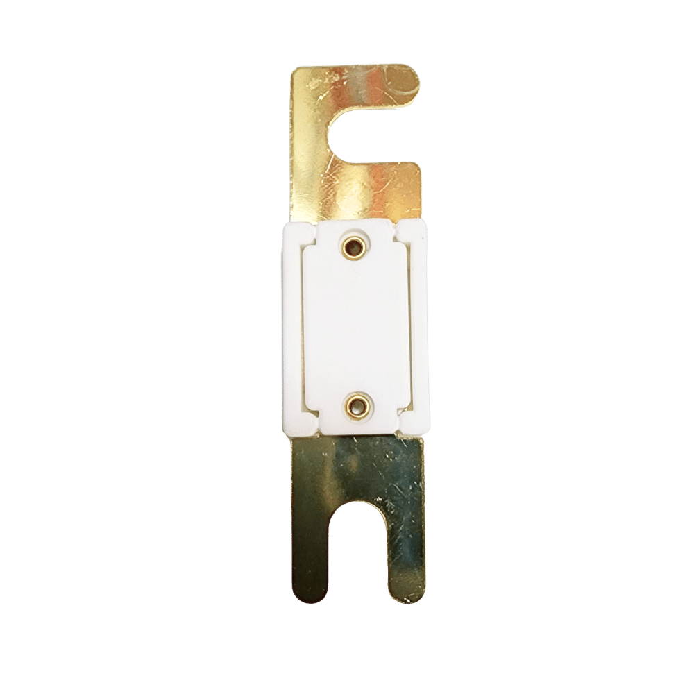 Rear view of 40A ANL fuse showing solid white ceramic housing and rivet points