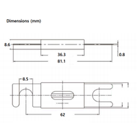 Dimensional drawing of ANL fuse indicating 81.1mm length and 62mm stud spacing