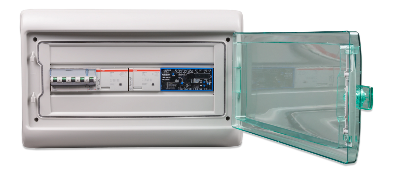 Front view of anti-islanding box with clear protective window open