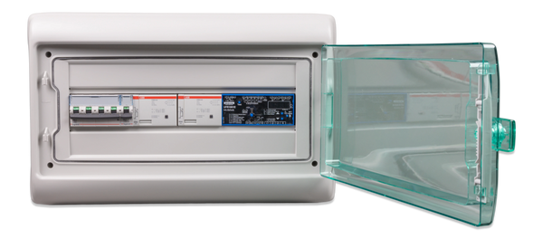 Front view of anti-islanding box with clear protective window open