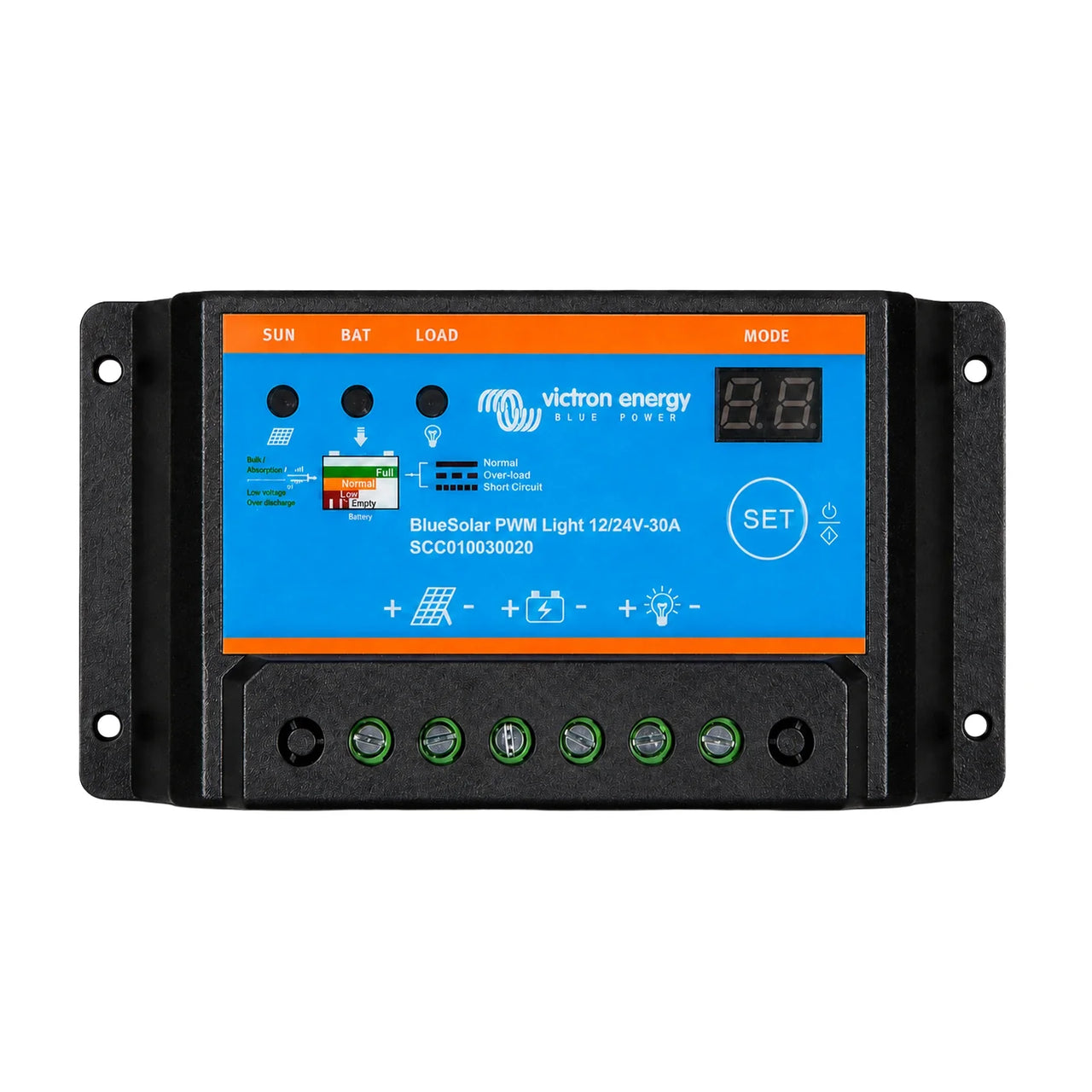 Victron Energy BlueSolar PWM Light 12/24V-30A solar controller panel with a black housing, orange and blue front faceplate, digital display, and terminal connectors.