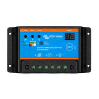 Victron Energy BlueSolar PWM Light 12/24V-30A solar controller panel with a black housing, orange and blue front faceplate, digital display, and terminal connectors.