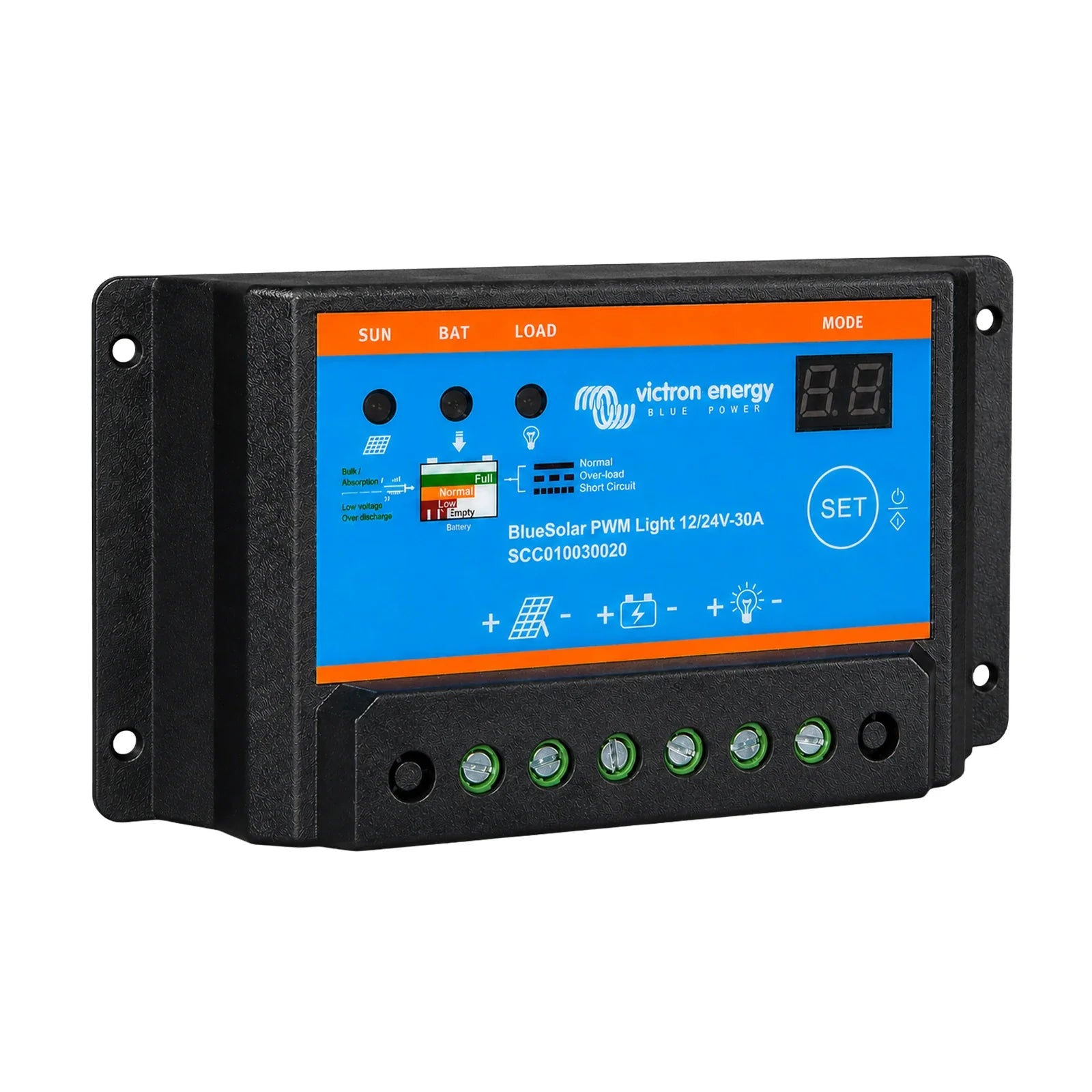 Victron Energy BlueSolar PWM Light 12/24V-30A solar controller panel with a black housing, orange and blue front faceplate, digital display, and terminal connectors.