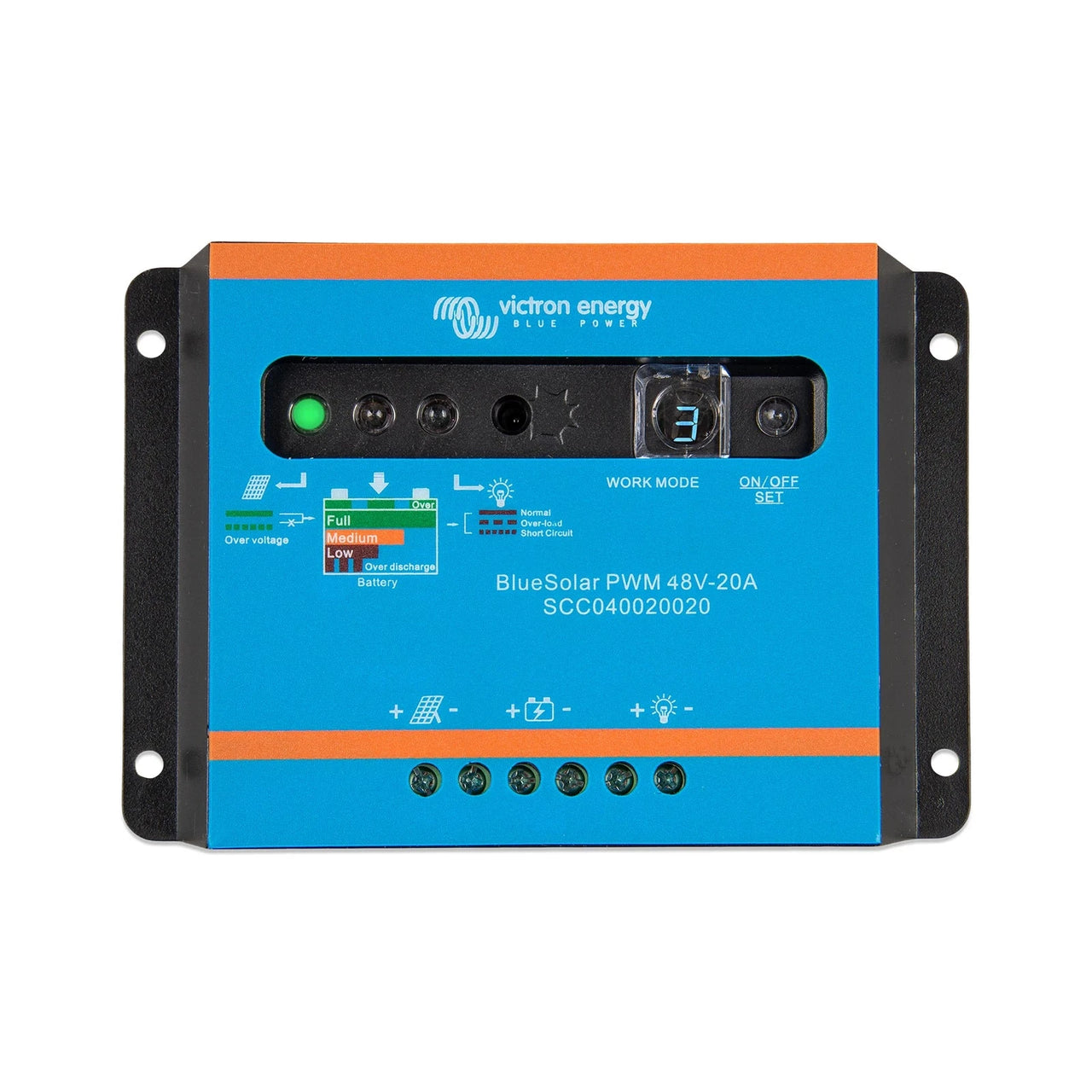 A Victron Energy BlueSolar PWM 48V-20A solar charge controller, model SCC040020020, featuring a bright blue front panel with orange accent stripes and black terminal blocks on the sides.