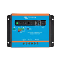 A Victron Energy BlueSolar PWM 48V-20A solar charge controller, model SCC040020020, featuring a bright blue front panel with orange accent stripes and black terminal blocks on the sides.
