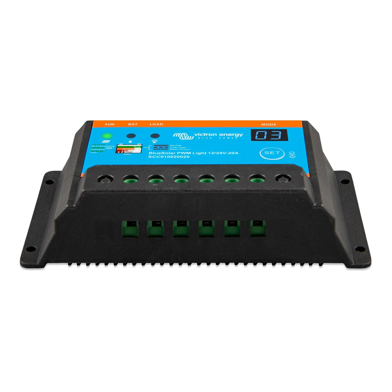 Victron Energy BlueSolar PWM Light 12/24V 20A solar panel controller, model SC20160209A, featuring a black metal casing, a bright blue front display panel with orange borders, and green terminal connectors at the bottom.