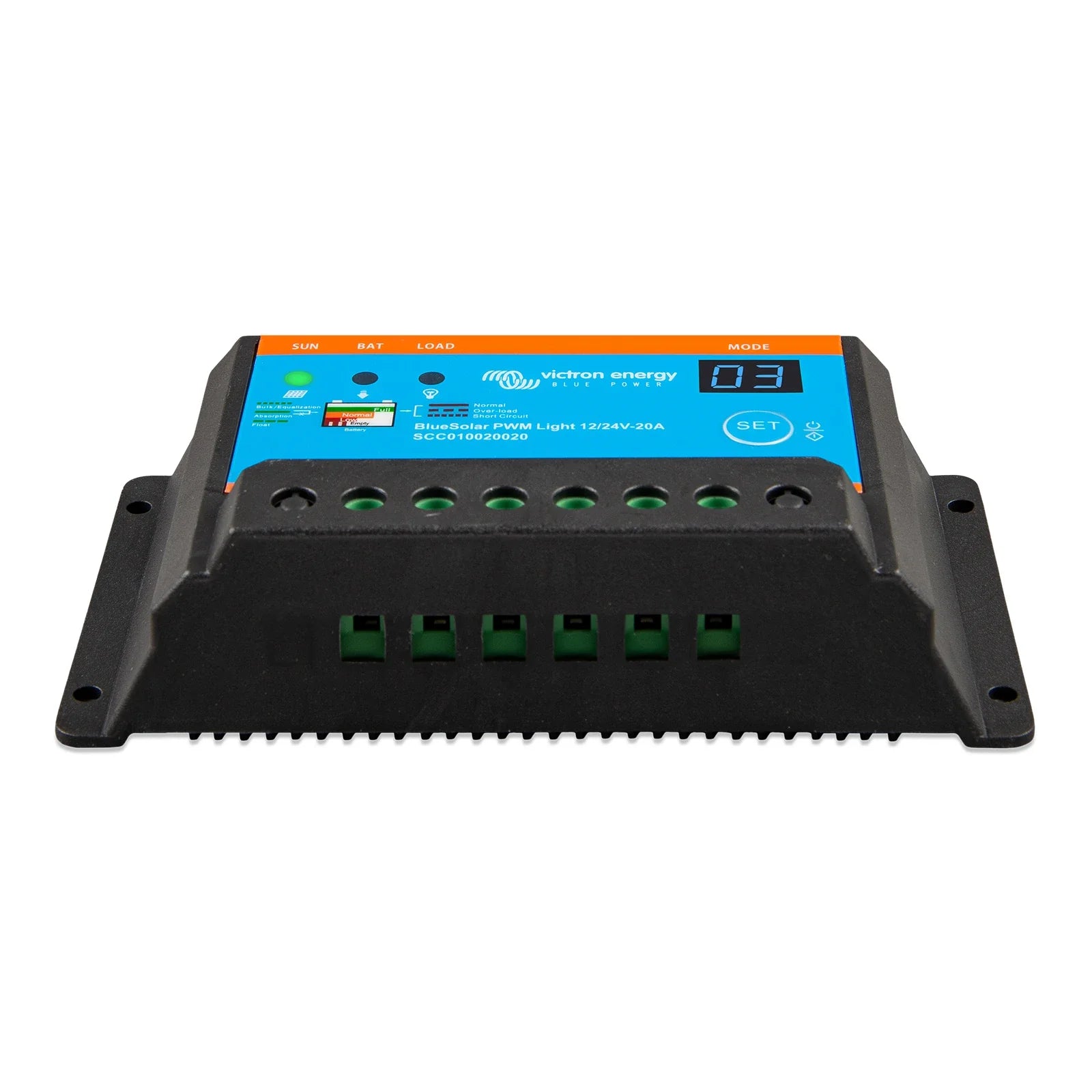 Victron Energy BlueSolar PWM Light 12/24V 20A solar panel controller, model SC20160209A, featuring a black metal casing, a bright blue front display panel with orange borders, and green terminal connectors at the bottom.