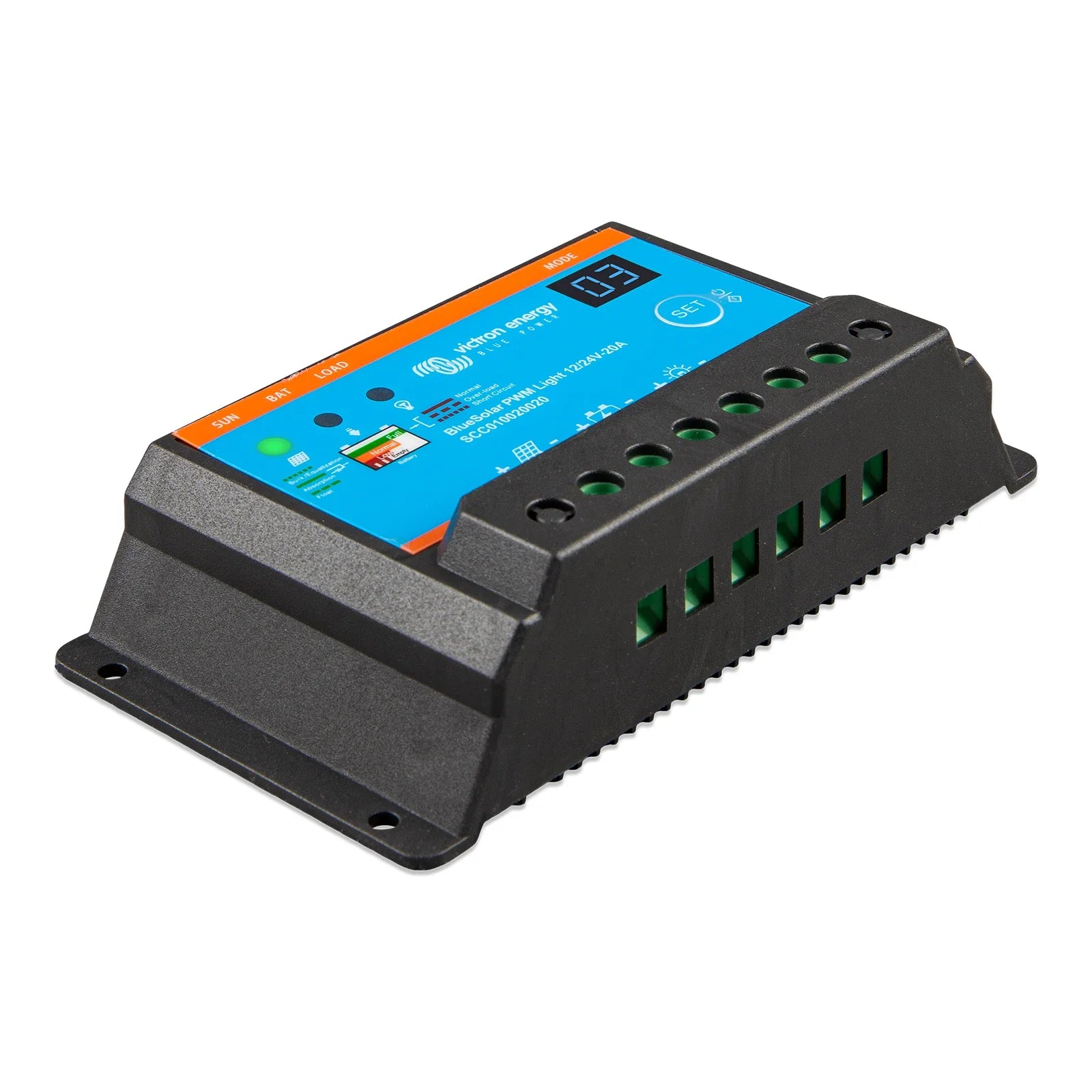Victron Energy BlueSolar PWM Light 12/24V 20A solar panel controller, model SC20160209A, featuring a black metal casing, a bright blue front display panel with orange borders, and green terminal connectors at the bottom.