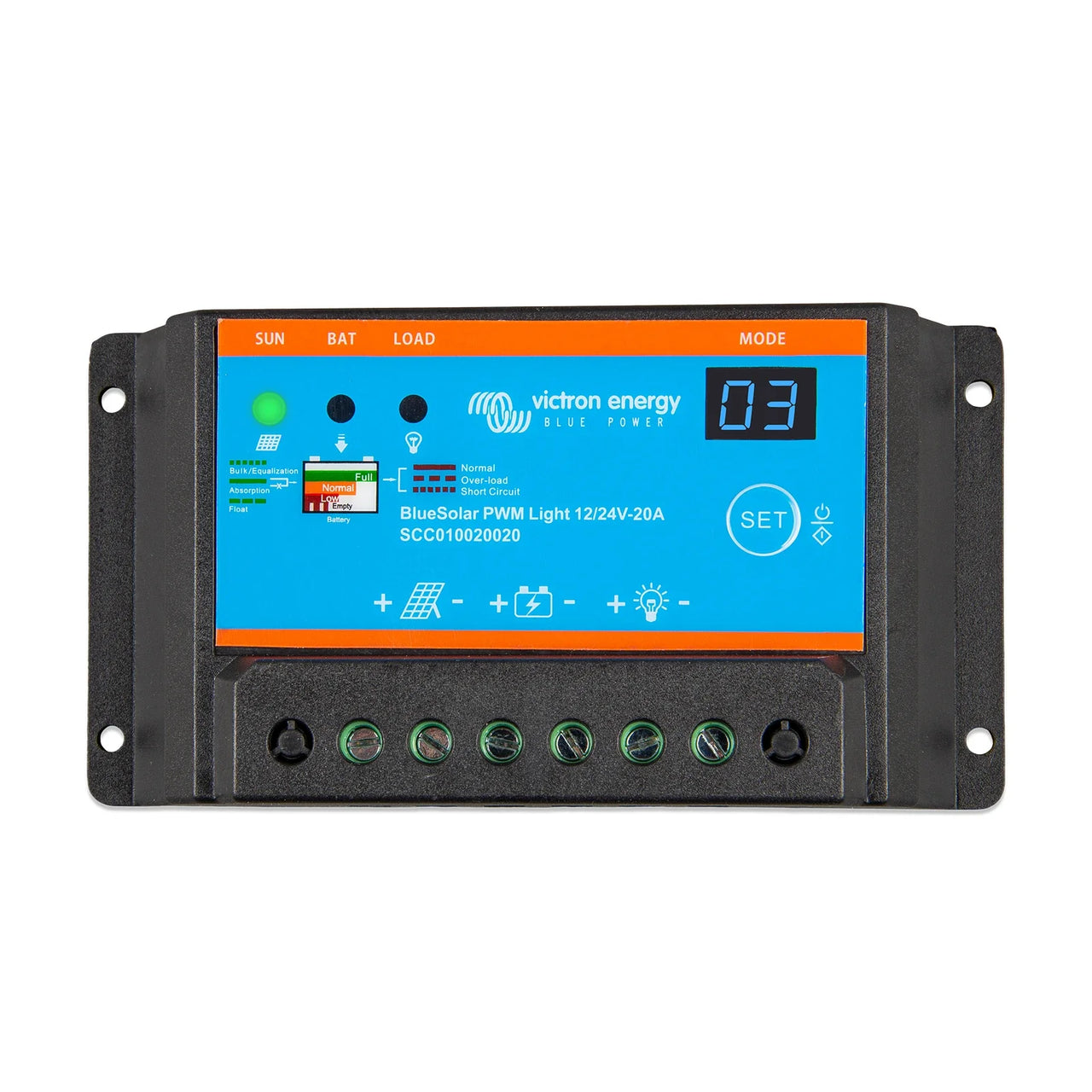Victron Energy BlueSolar PWM Light 12/24V 20A solar panel controller, model SC20160209A, featuring a black metal casing, a bright blue front display panel with orange borders, and green terminal connectors at the bottom.