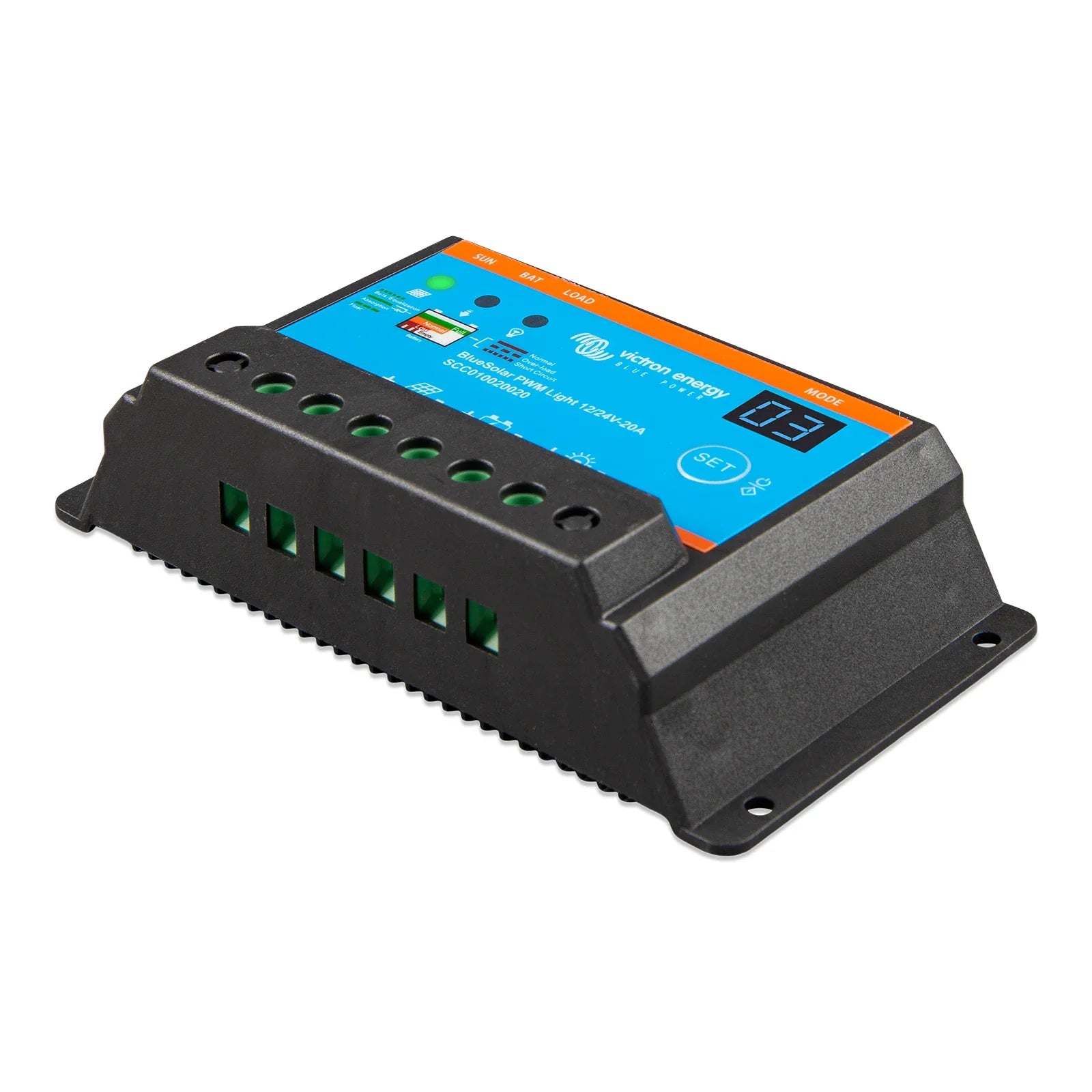 Victron Energy BlueSolar PWM Light 12/24V 20A solar panel controller, model SC20160209A, featuring a black metal casing, a bright blue front display panel with orange borders, and green terminal connectors at the bottom.