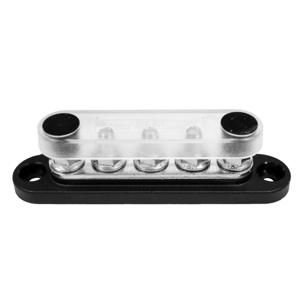 Angled view of 5-stud busbar with clear polycarbonate cover installed