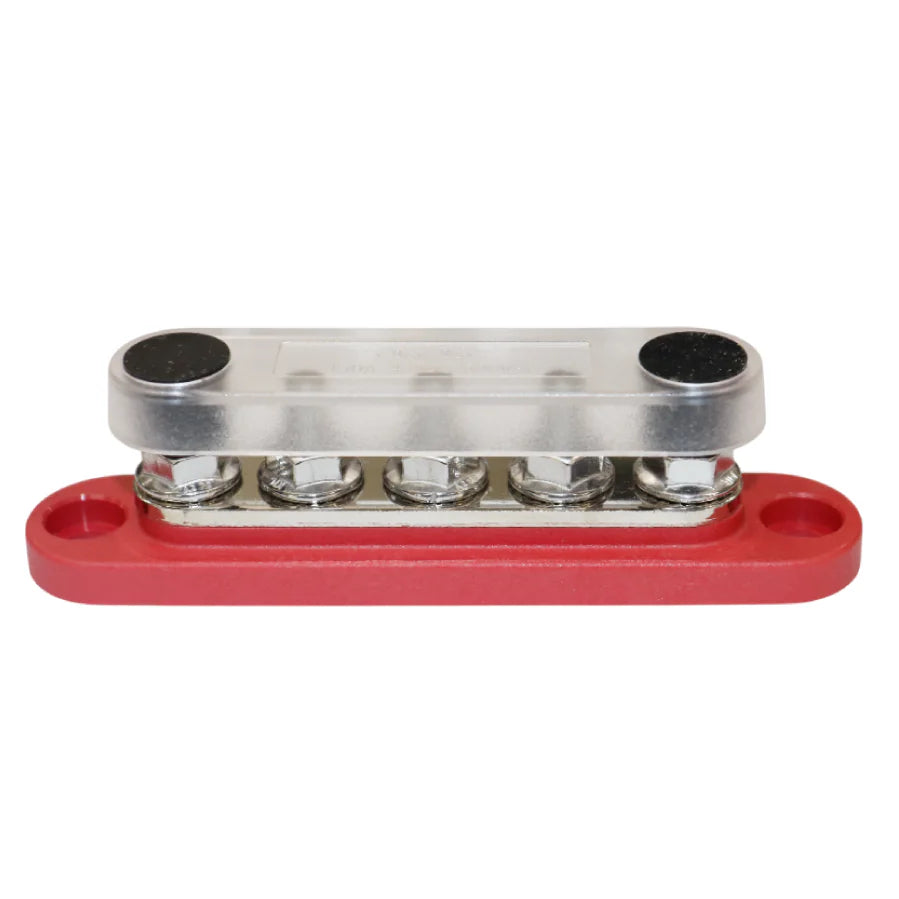 Angled view of assembled red busbar with clear cover secured