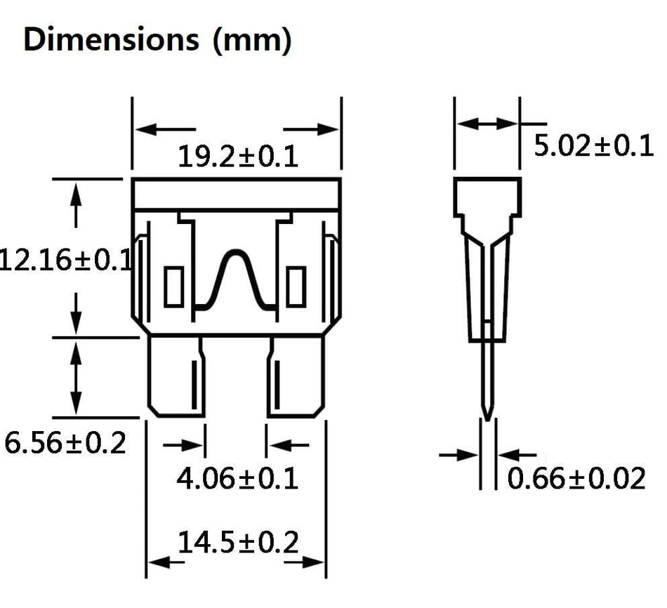 Technical dimensional drawing of standard ATO blade fuse with measurements in millimetres