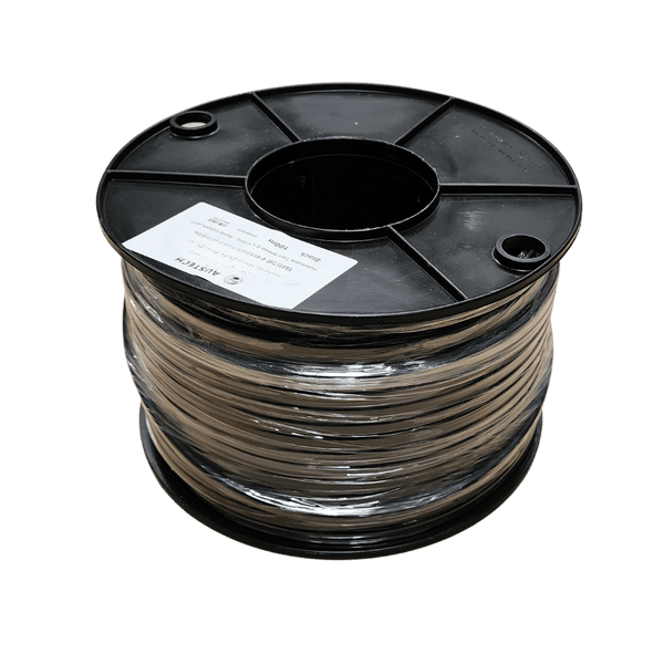 100m roll of Austech twin core automotive cable on a black spool with identifying label