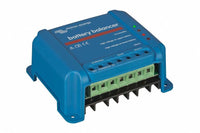 Angled view of the blue Victron Battery Balancer enclosure showcasing its compact design