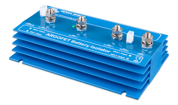 Side angled view of the Victron Argo FET battery isolator showing blue finned housing