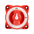 Top-down view of red battery isolation switch with clear ON OFF position labels