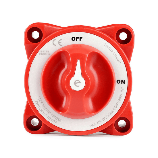 Top-down view of red battery isolation switch with clear ON OFF position labels