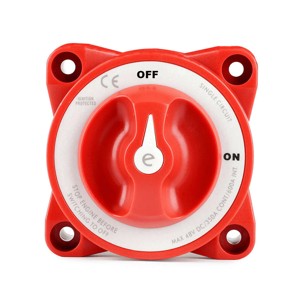 Top-down view of red battery isolation switch with clear ON OFF position labels
