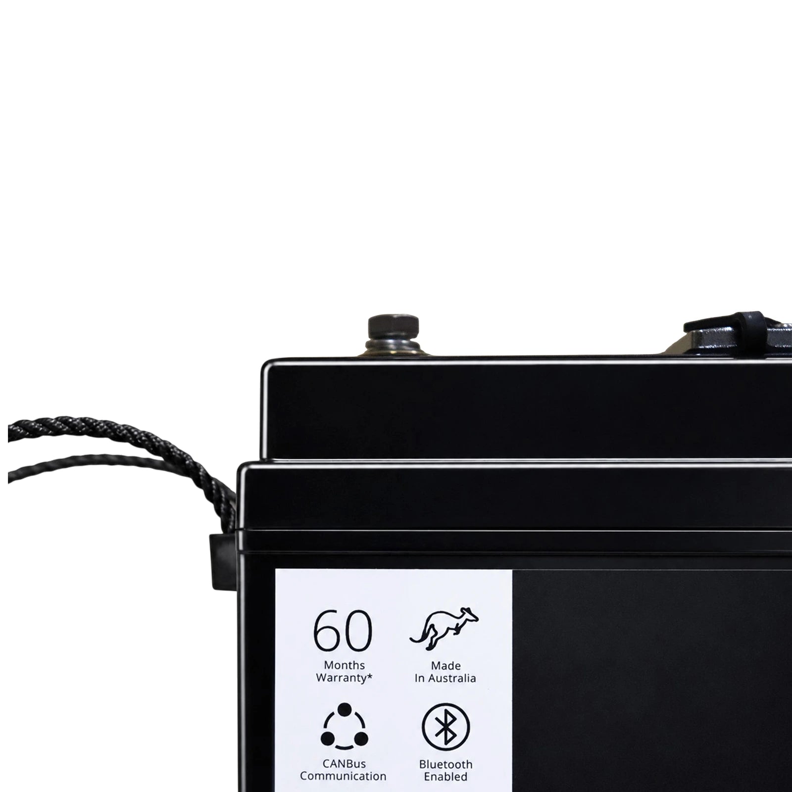 Close-up of the battery label showing 60 month warranty and Bluetooth enabled icons