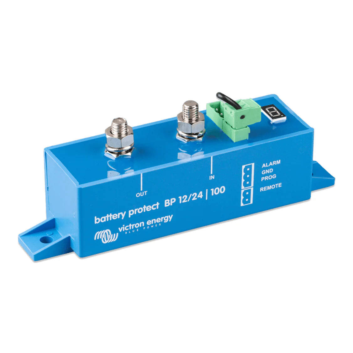 Side view of Victron Battery Protect 100A showing the blue enclosure and mounting points