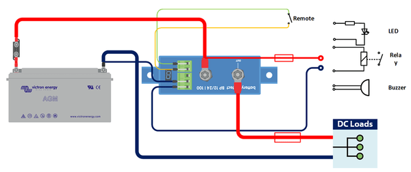 Wiring diagram for Battery Protect 100A in a DC system with battery and loads