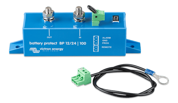 Victron Battery Protect 12/24V 100A unit shown with included remote terminal harness
