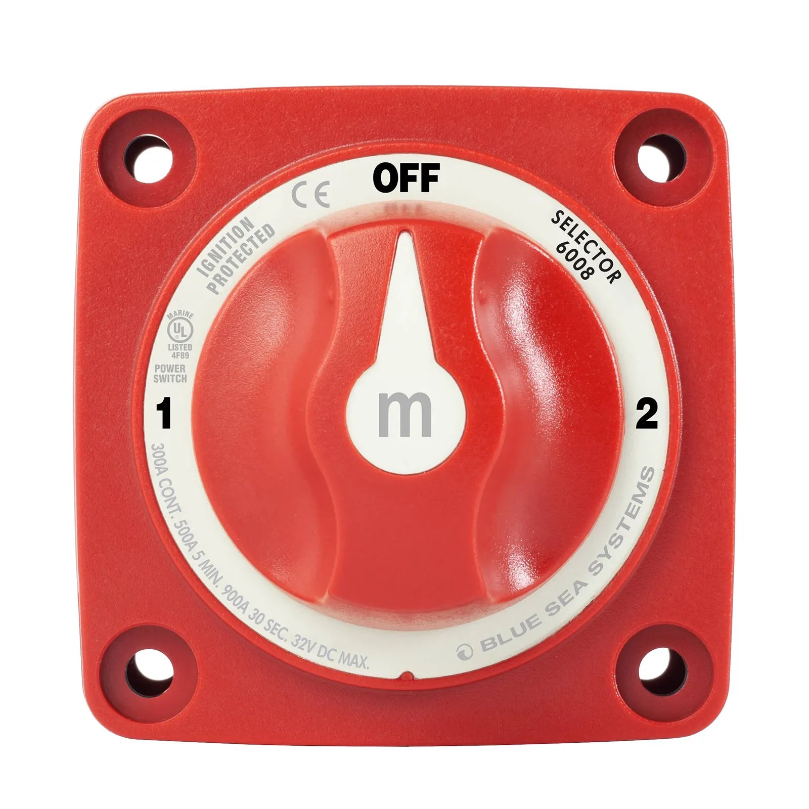 Top-down front view of 3 position battery switch with ignition protected marking